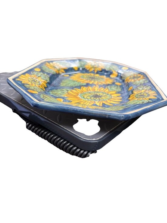 Hand-painted Tuscan Sunflower Ceramic Platter: Majolica  Italy handmade VTG Majolica style sunflower ceramic plate wall decor SKU 10-197
